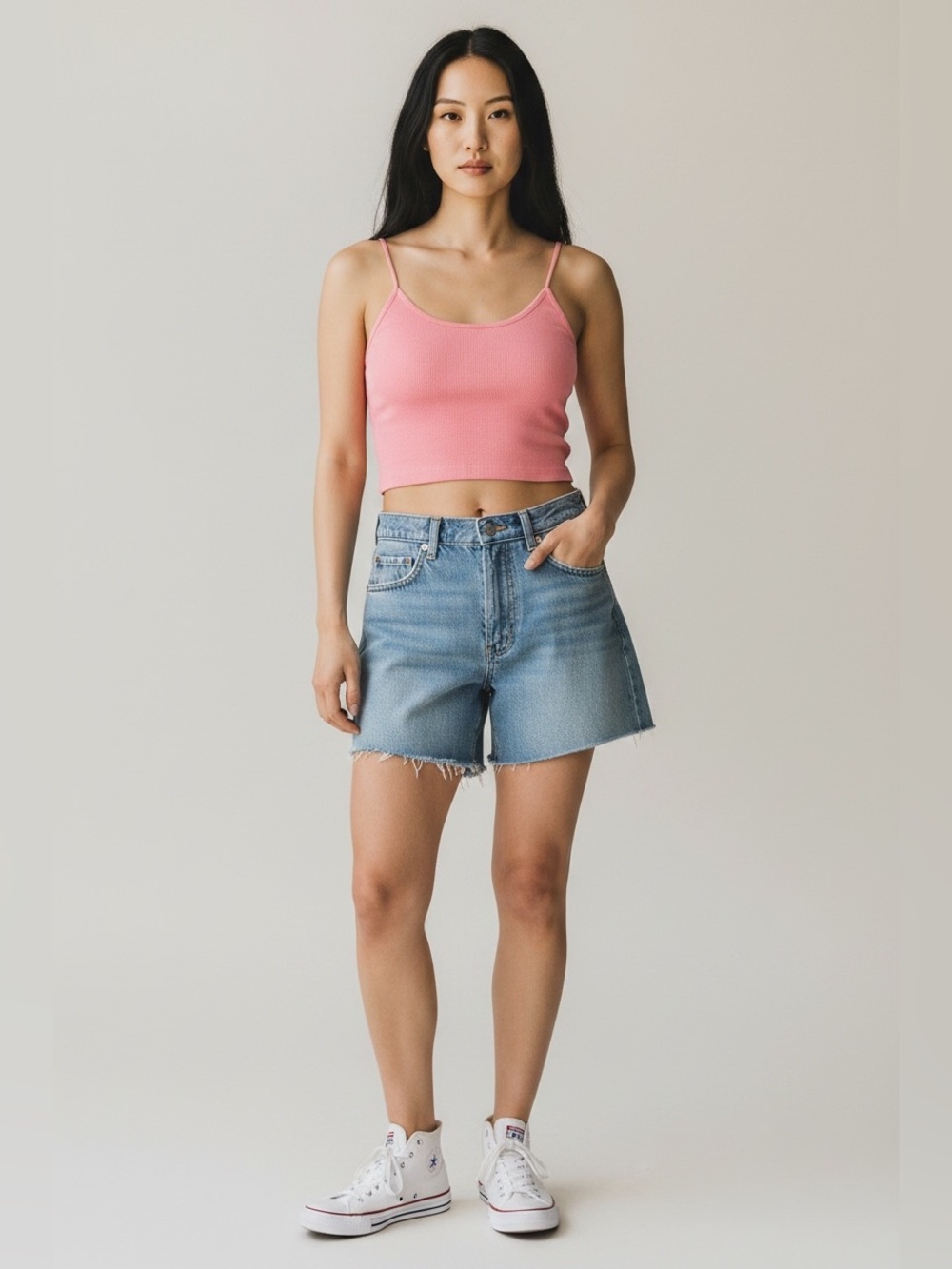 Pink Ribbed Cropped Tank Top With Spaghetti Straps